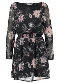 Černé květinové šaty s dlouhými průhlednými rukávy, elastickým pasem a barevnými květinovými vzory se světle růžovými a bílými akcenty. Lehké tkaniny.