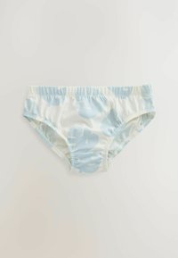 Bomulds boyshorts med elastisk talje, der har et let blåt blomstermønster på en hvid baggrund. Blød tekstur og rund form.