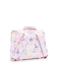 Batoh s květinovým potiskem v růžových a pastelových odstínech, vybavený robustní rukojetí, nastavitelnými popruhy a vnější kapsou pro úložný prostor.