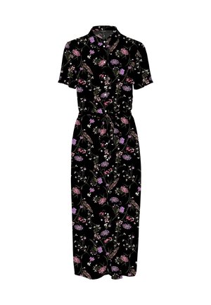Sort midi-kjole med korte ærmer, krave, bindebånd i taljen og blomsterprint i pink, lilla og hvid.