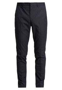 Marinblå pinstripade byxor gjorda av lättviktig tyg, med en slim-fit design, sidfickor och en slät yta.