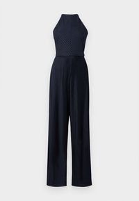 Navy blue jumpsuit with a halter neckline, featuring vertical pleats and wide-leg silhouette. Smooth texture and no visible fastenings.