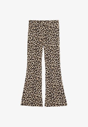 Leopardimustriga laiendatud püksid elastse vöökohaga, millel on mustad ja beežid laigud helel taustal.