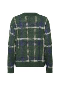 Grüner gestrickter Pullover mit großem blau-weißem Karomuster, mit geripptem Kragen, Bündchen und Saum, von hinten gezeigt.