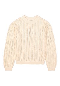 Pull en tricot de couleur crème présentant des motifs découpés verticaux, des manches longues et un col et un ourlet côtelés. Texture douce.