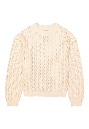 Pull en tricot de couleur crème présentant des motifs découpés verticaux, des manches longues et un col et un ourlet côtelés. Texture douce.