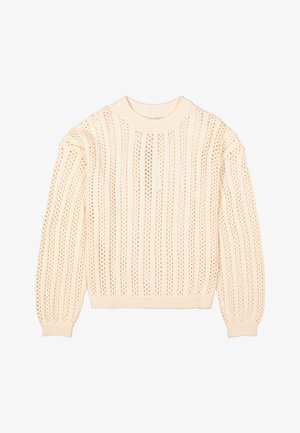 Cremfarbener, gestrickter Pullover mit vertikalen Ausschnittmustern, langen Ärmeln sowie einem gerippten Ausschnitt und Saum. Weiche Textur.