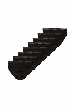 Nove paia di slip neri da uomo con fascia in vita marchiata "SLOGGI" disposti in fila diagonale su sfondo bianco.