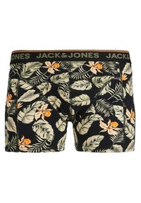 Schwarze Boxershorts mit einem grünen und orangefarbenen Muster aus tropischen Blättern und Blumen. Sie verfügen über einen breiten elastischen Bund mit "JACK&JONES"-Branding.