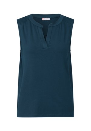 Top senza maniche in tessuto verde scuro, caratterizzato da un collo a V con pattina parziale, pieghe sottili sulle spalle e una vestibilità rilassata. Texture semplice e liscia.