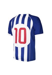 Blauw-wit gestreept voetbalshirt met een ronde witte patch met een rode "10" op de achterkant. Gemaakt van synthetische sportstof.