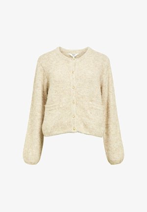 Beige crop cardigan met lange mouwen, ronde halslijn, gouden knopen en twee voorzakken. Gemaakt van zacht, textuurmateriaal.