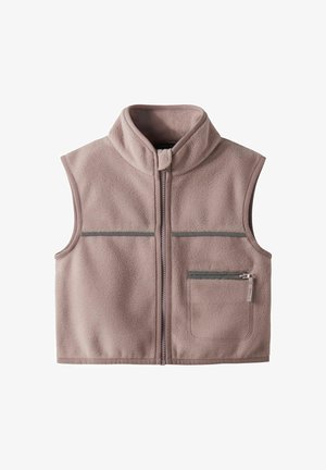 Fleece-Weste in Hellrosa mit hohem Kragen, durchgehendem Reißverschluss, zwei horizontalen Taschen und einer kleineren Reißverschlusstasche auf der rechten Seite.