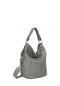 Borsa a spalla in pelle grigia con un design morbido, accentuata da una tracolla testurizzata con borchie. Manico superiore unico e tracolla rimovibile.