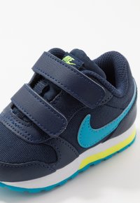 Marinblå sneakers med två kardborreband, har en turkos Nike swoosh, gula och teal accenter på sulan, texturerade meshpaneler.