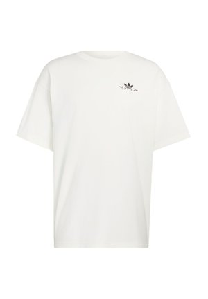 White cotton t-shirt with short sleeves, crew neckline, and a small black logo on left chest featuring three stripes and leaf design.