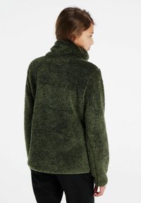 Dunkelgrüner, hochfloriger Fleece-Pullover mit hohem Kragen, lässiger Passform und langen Ärmeln. Strukturierter Stoff mit weicher Optik.
