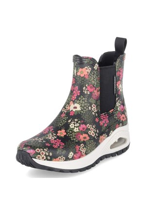 Ankle-high waterproof boot with pink, white, and green floral pattern, black elastic side panel, and white cushioned sole with air pocket.