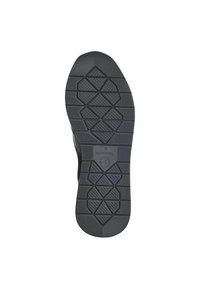 Fekete gumi cipőtalp, amely texturált geometrikus mintával rendelkezik, hexagonális és gyémánt alakzatokkal a jobb tapadás és vonóerő érdekében.