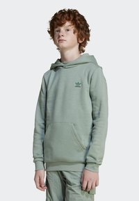 Sweatshirt verde com capuz e bolso tipo canguru, punhos e bainha canelados, apresentando um pequeno logótipo verde da Adidas no peito. Textura de tecido suave.