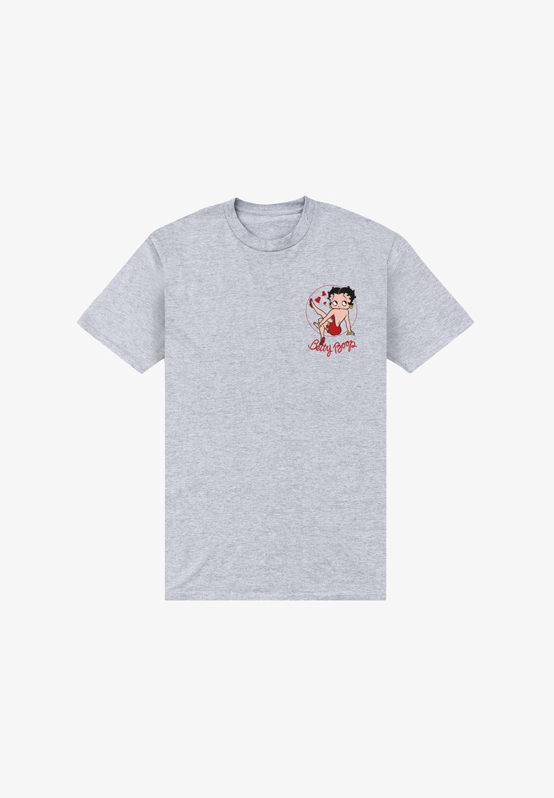 Šedé bavlněné triko s potiskem karikatury postavy, obklopené srdíčky, s textem "Betty Boop" v červené barvě.