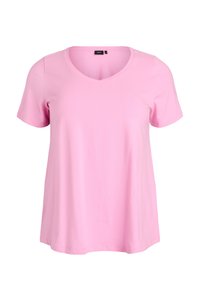 Ružičasta V-izrez majica s kratkim rukavima izrađena od mekog pamučnog materijala i opuštenog kroja. Glatka tekstura bez vidljivih uzoraka ili akcenta.