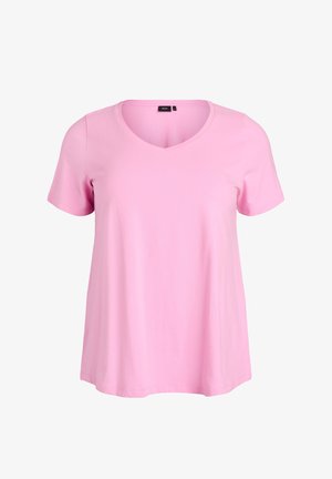 Rozā V veida kakla T-krekls, kas izgatavots no mīksta kokvilnas materiāla ar īsām piedurknēm un brīvu piegriezumu. Gluda tekstūra bez redzamām rakstu vai akcentu detaļām.