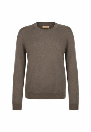 Brun långärmad tröja i mjukt material. Har rund hals, ribbade armar och nederkant, med en slät textur och minimalistisk design.
