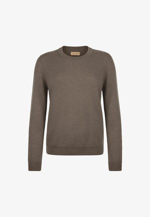 Brązowy sweter z długim rękawem wykonany z miękkiego materiału. Posiada okrągły dekolt, prążkowane mankiety i wysoki stan, o gładkiej fakturze i minimalistycznym designie.