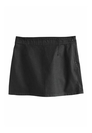 Black denim skirt featuring a straight cut, two side pockets, and a zip closure. Smooth texture with minimal stitching details.
