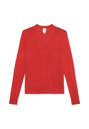 Roter Cardigan aus weichem Strickmaterial, mit V-Ausschnitt, langen Ärmeln und Knopfleiste. Schlichtes Design ohne Muster oder Akzente.