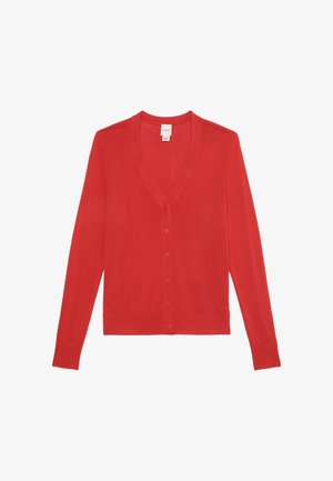 Cardigan rouge en maille douce, avec un col en V, des manches longues et une fermeture à boutons. Design simple sans motifs ni accents.