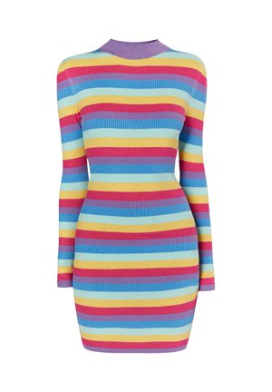 Ribota trikotāžas kleita ar horizontālām svītrām rozā, violetā, zilā, dzeltenā un gaiši zilā krāsā. Garās piedurknes un augsts kakla izgriezums.