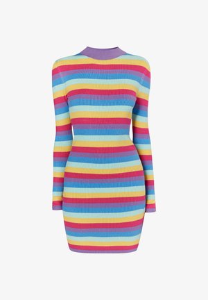 Ribota trikotāžas kleita ar horizontālām svītrām rozā, violetā, zilā, dzeltenā un gaiši zilā krāsā. Garās piedurknes un augsts kakla izgriezums.