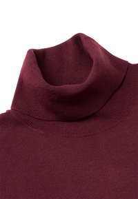 Burgunderfarbener Rollkragenpullover. Weiches Strickmaterial, gerippter Halsausschnitt und Bündchen. Figurbetonte Form ohne Verzierungen.