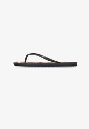 Black flat flip-flop sandal with thin straps and a lightly patterned footbed, shown from the side on a white background.