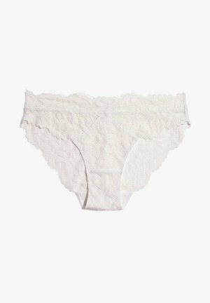 Lace briefs in off-white with scalloped edges, floral pattern, and a smooth texture. Features a mid-rise silhouette for coverage.