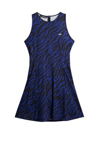 Niebieska i czarna bezrękawnik sukienka z wzorem w tygrysie paski, rozkloszowany dół i zamek z tyłu. Wykonana z elastycznego materiału.