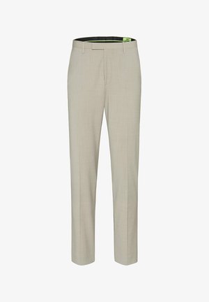 Beige tailored trousers with a smooth texture, straight cut, and subtle lining detail. Features a traditional waistband and pockets.
