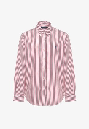 Camicia a maniche lunghe con colletto, righe verticali rosse e bianche, chiusura frontale con bottoni e piccolo logo ricamato di colore scuro sul petto.