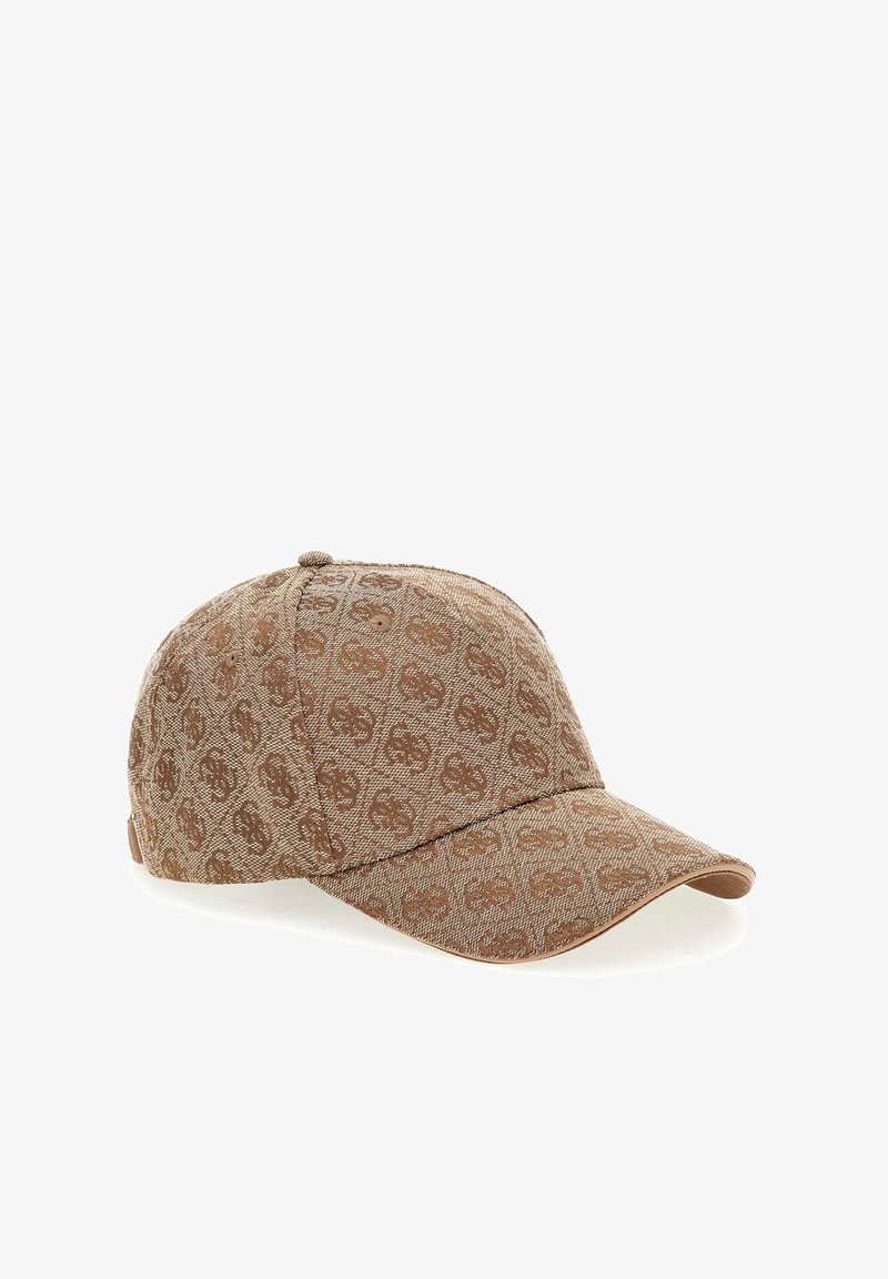 Boné de tecido texturizado, apresentando um padrão de logótipos em toda a superfície. Visor curvado e faixa ajustável na parte de trás.