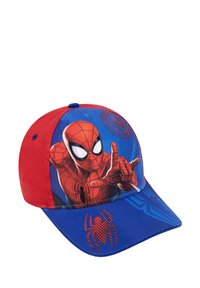 Cappello rosso e blu con una grande grafica di Spider-Man, visiera piatta e pannelli testurizzati con simbolo di un ragno sulla visiera.