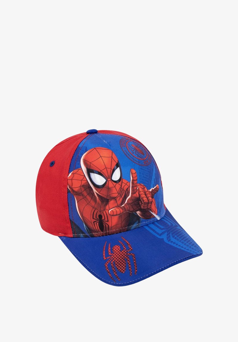 Rood en blauwe pet met een groot Spider-Man graphic, vlakke klep en gestructureerde panelen met een spin symbool op de klep.