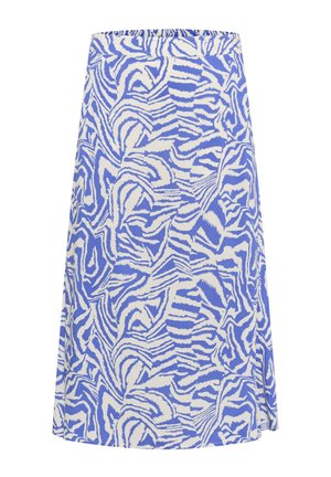 Krilo do kolen z modro-belo abstraktno zebra vzorcem, z elastičnim pasom in gladko teksturo tkanine.