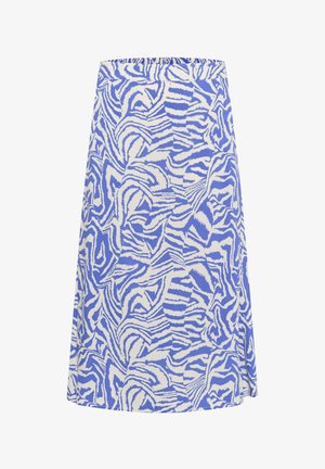 En knælang nederdel med et blåt og hvidt abstrakt zebra-mønster, med en elastisk talje og en glat stofoverflade.