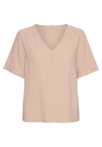 Top a manica corta con scollo a V in morbido tessuto rosa pallido. Presenta una vestibilità rilassata e una texture liscia, con un design minimalista.