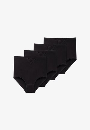 Zestaw czterech czarnych bawełnianych majtek o wysokim stanie, charakteryzujących się gładką fakturą oraz tonowym logo na pasku.