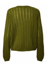 Pull vert tricoté à manches longues avec un motif ajouré vertical, vu de dos sur fond blanc.