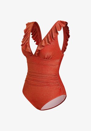 Červené jednodílné plavky s volánkovými ramínky, texturovanou látkou s lesklým povrchem a s nařasenými detaily po stranách.