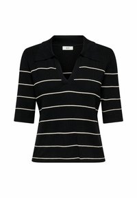 Black short-sleeve knit top with white horizontal stripes, deep V-neck, and folded collar.